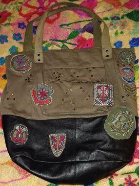 Free People Army Green & Black Lg Tote W/patches And Studs
